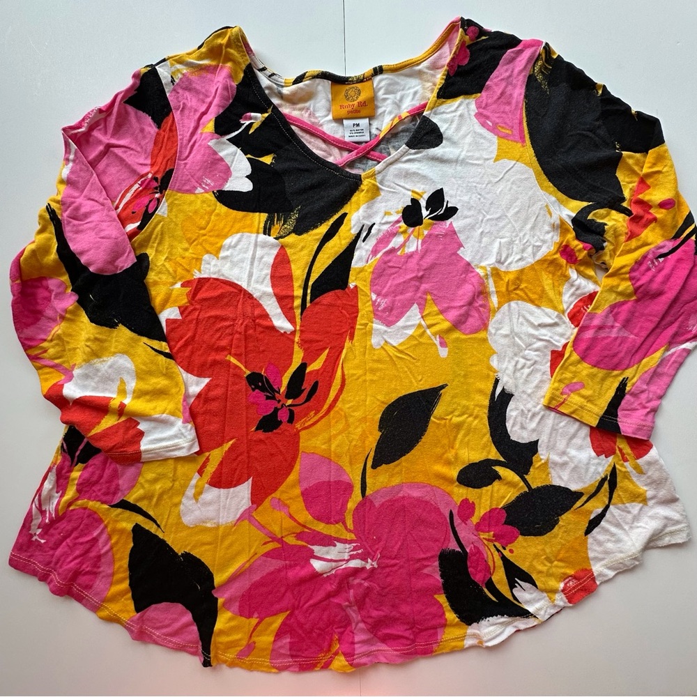 Ruby Rd‎ white pink yellow floral 3/4 sleeve blouse women’s petite medium